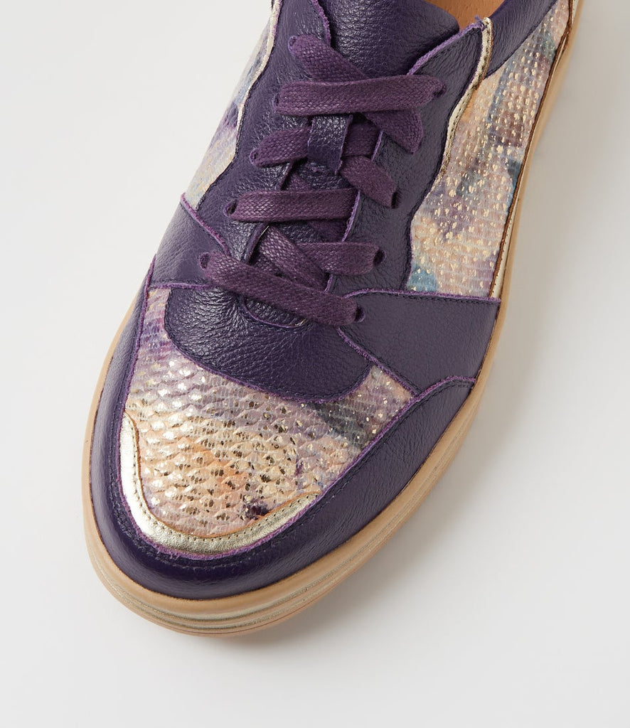 Ziera Vressa casual lace-up shoe in purple multi leather with tan and metallic accent details, rounded toe, cushioned footbed, and tan sole on a white background