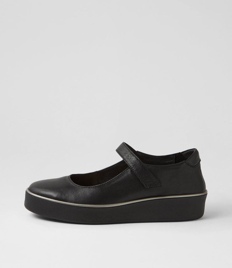 Ziera Zufan casual Mary Jane shoe in black leather with adjustable strap, rounded toe, cushioned footbed, and black supportive sole on a white background