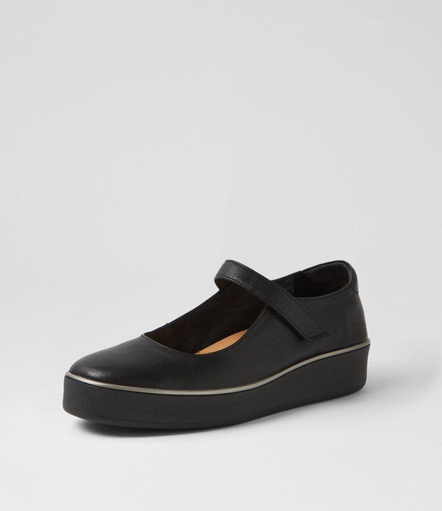 Ziera Zufan casual Mary Jane shoe in black leather with adjustable strap, rounded toe, cushioned footbed, and black supportive sole on a white background