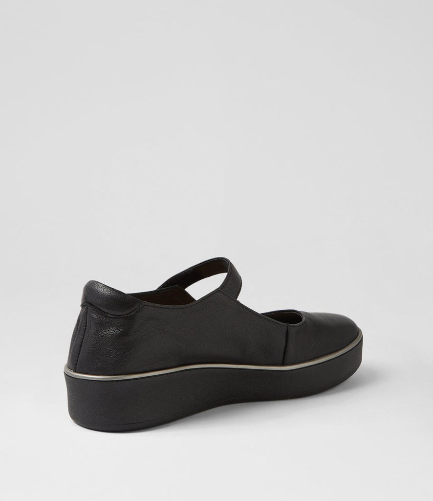 Ziera Zufan casual Mary Jane shoe in black leather with adjustable strap, rounded toe, cushioned footbed, and black supportive sole on a white background