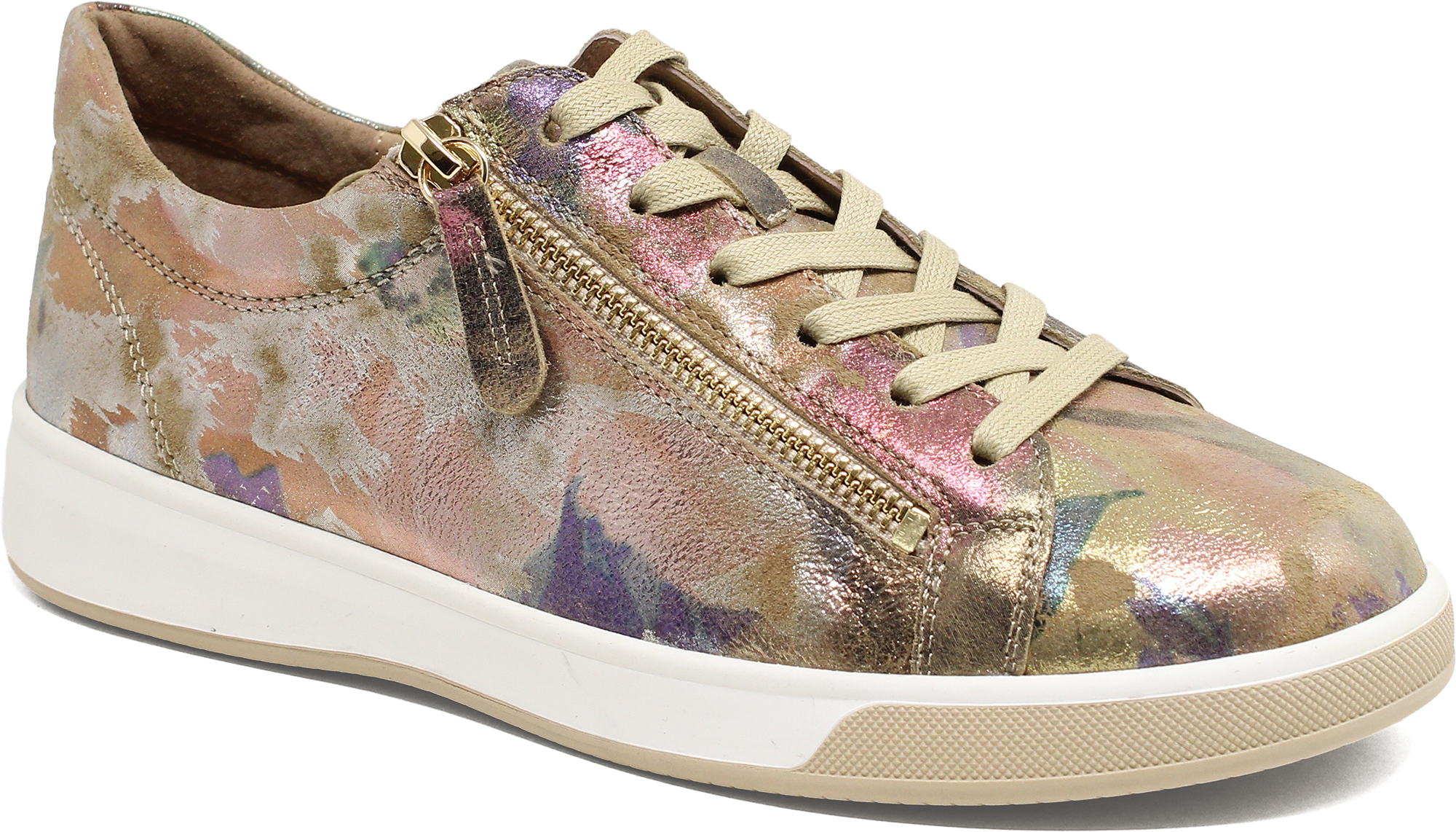 Floral patterned sneaker with a gold zipper on a white background