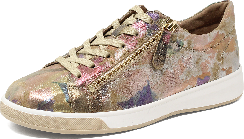 Floral patterned sneaker with a gold zipper on a white background