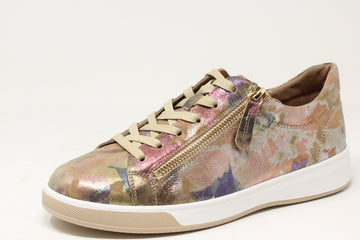 Floral-patterned sneaker with a gold zipper on a white background