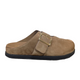 clog in coffee suede leather with closed round toe, cushioned footbed with open back on a white background