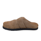 clog in coffee suede leather with closed round toe, cushioned footbed with open back on a white background