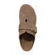clog in coffee suede leather with closed round toe, cushioned footbed with open back on a white background