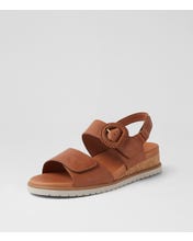 Ziera Vatch wedge sandal in tan leather with adjustable straps, cushioned footbed, and mid-height wedge sole on a white background