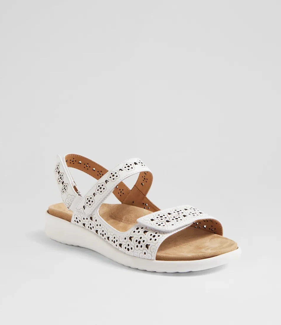 White sandal with brown sole on a light gray background