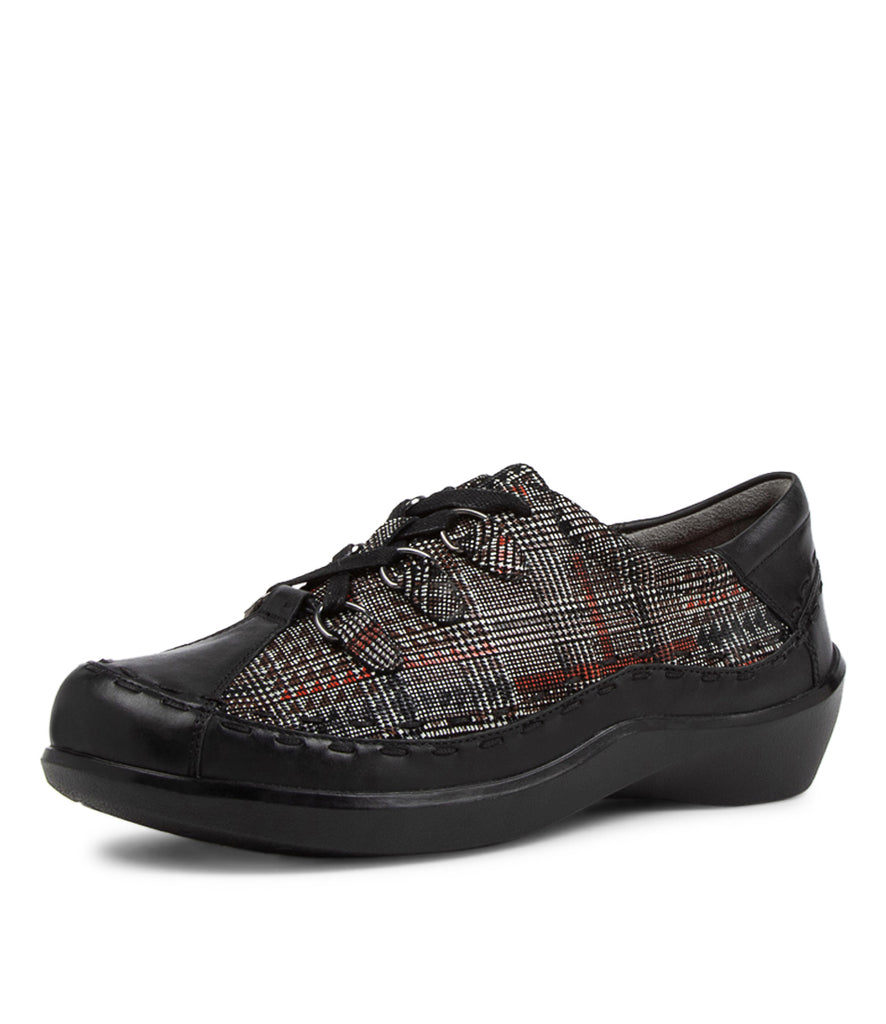 Women's Shoe, Brand Ziera Allsorts in Wide in Black/ Red Check Leather shoe image quarter turned