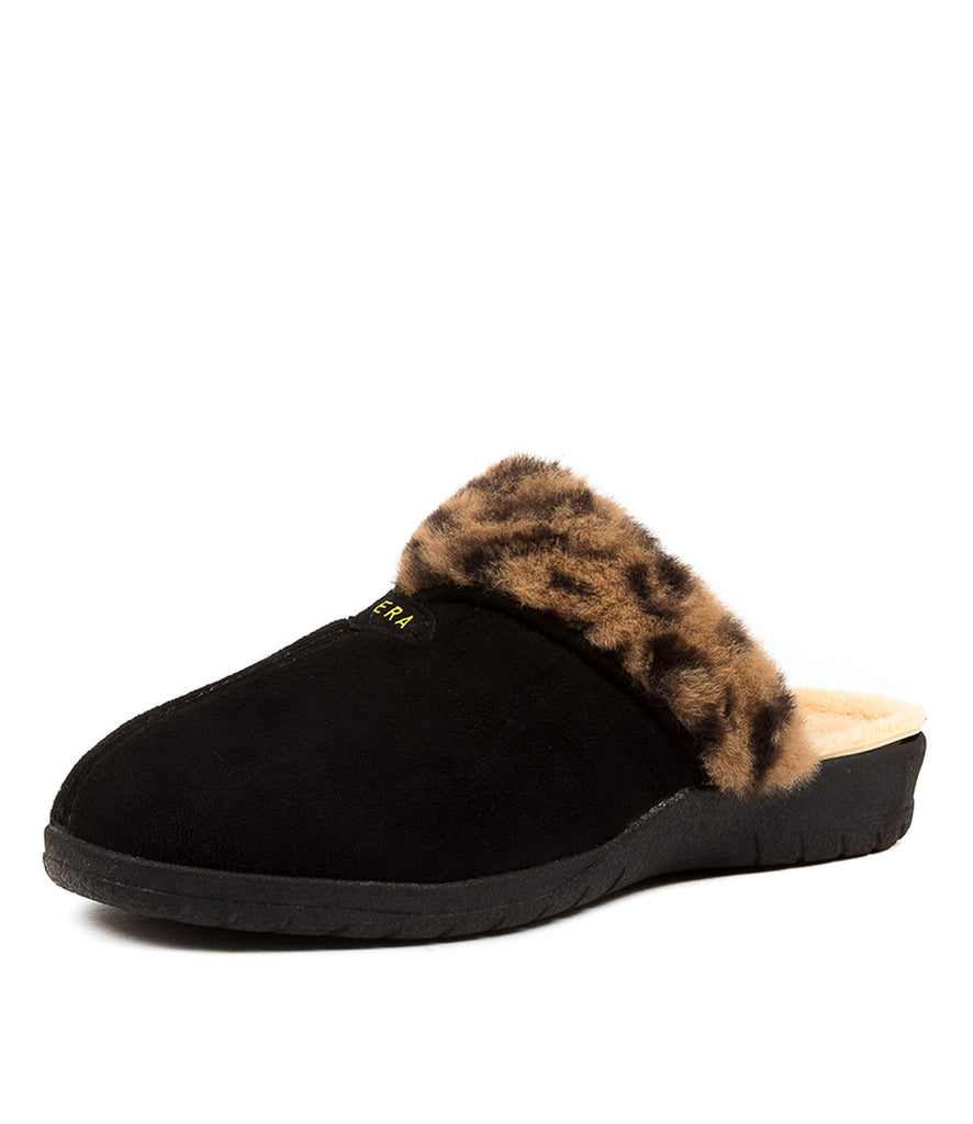 Quarter view Women's Ziera Footwear style name Comfy in Black-Leopard Fur Microsuede. Sku: ZR10208C66MS