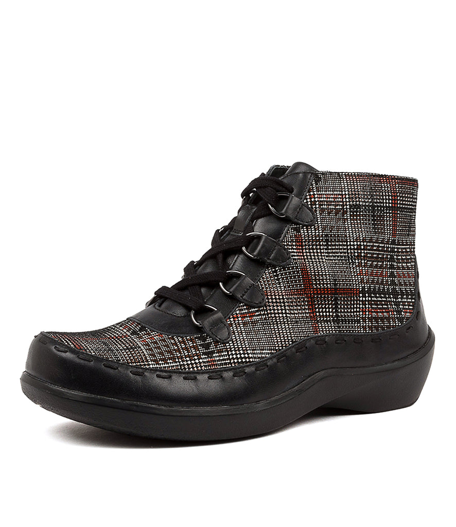 Quarter view Women's Ziera Footwear style name Alexia in Black-Black&Red Check Leather. Sku: ZR10211C27LE