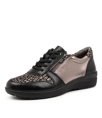 Quarter view Women's Ziera Footwear style name Newton in Black Multi. Sku: ZR10267BLAHG