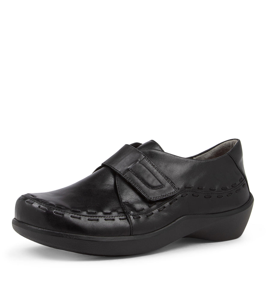 Women's Shoe, Brand Ziera Arlenes in Wide in Black Leather shoe image quarter turned